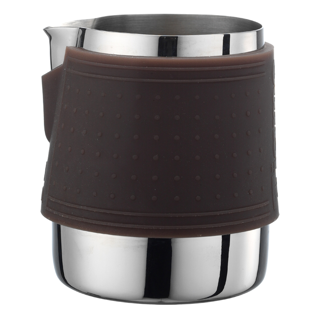 【停產】Tiamo 1029 拉花杯附矽膠杯套300cc 咖啡色 通過SGS  |【停產】不鏽鋼製品
